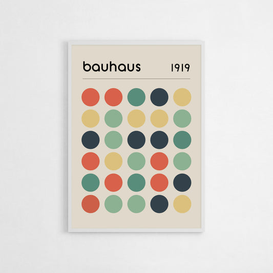 Bauhaus 1919 geometric circles poster featuring a playful arrangement of red, green, blue, and yellow circles. A perfect fit for minimalist, modern, and Scandinavian home decor styles. Great for living rooms, bedrooms, or creative spaces, and makes an ideal housewarming gift for art enthusiasts.