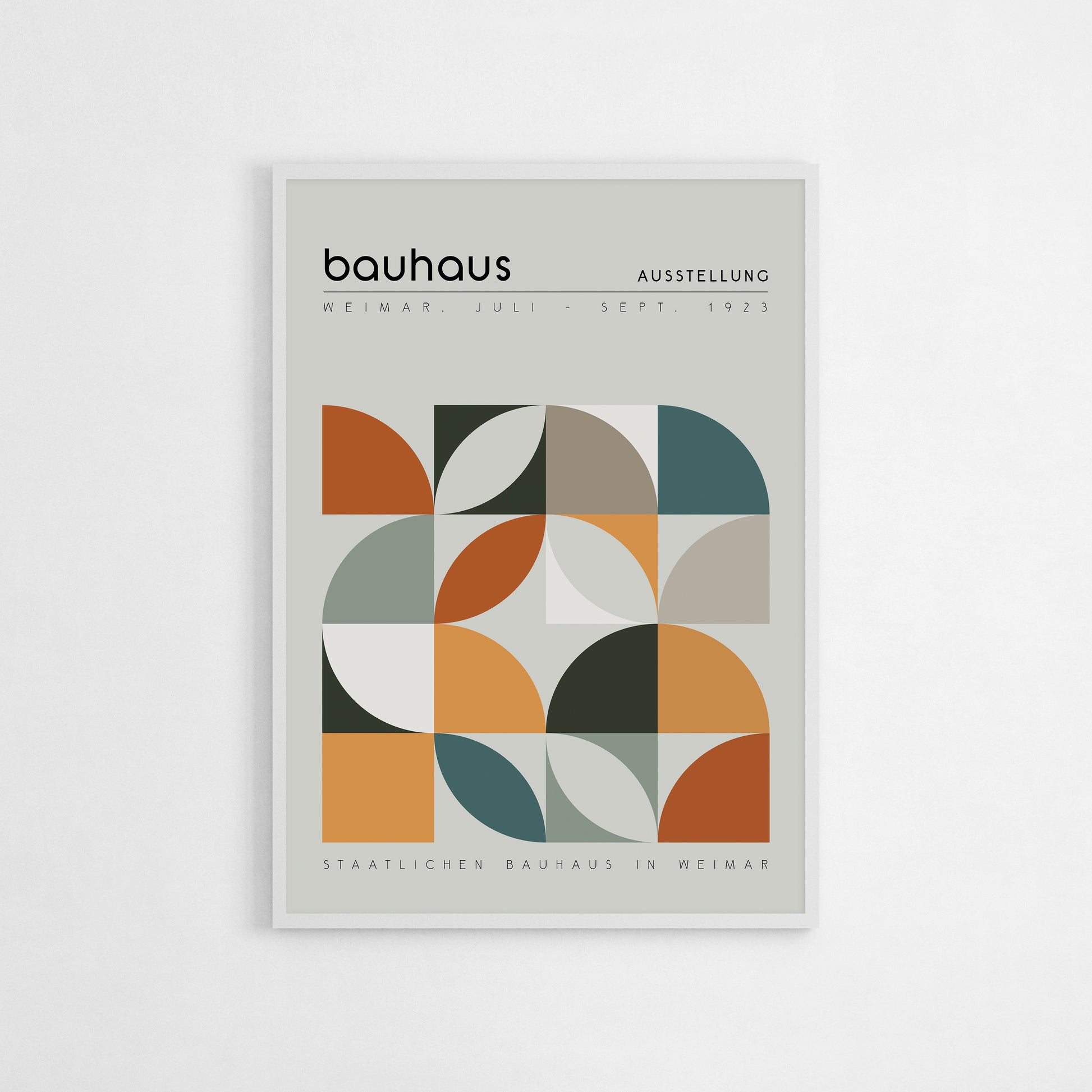 Bauhaus 1923 abstract geometric art print in muted tones of orange, green, and cream, featuring bold shapes. This minimalist design suits modern, mid-century, and Scandinavian interiors, making it perfect for living rooms, home offices, or bedrooms. An elegant housewarming or birthday gift for art lovers.