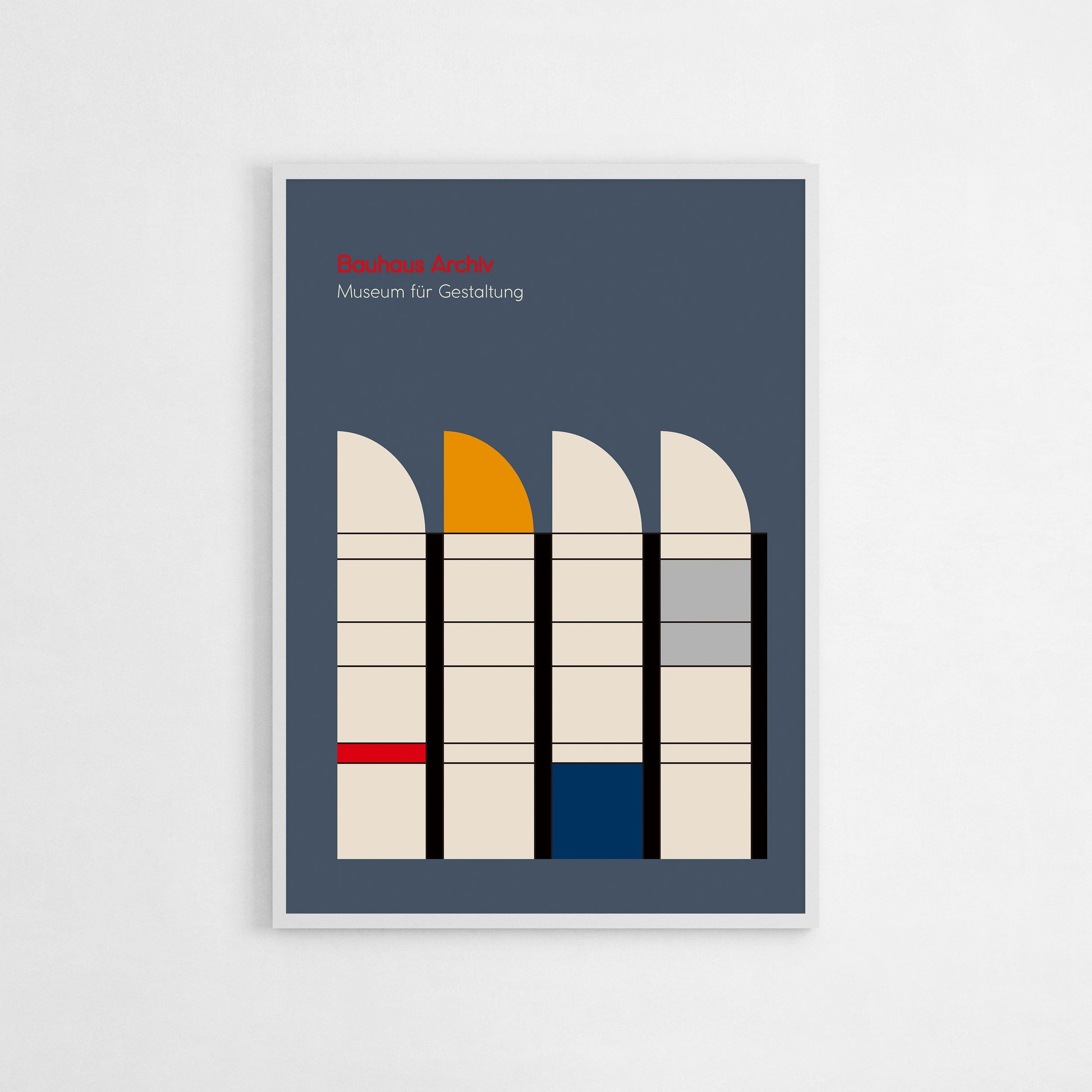 A minimalist Bauhaus Archiv poster featuring geometric shapes in beige, red, blue, and orange on a gray background. Perfect for modern, minimalist, or mid-century modern interiors, this print adds an architectural touch to living rooms, home offices, or design studios. Makes a thoughtful gift for lovers of modernist design.