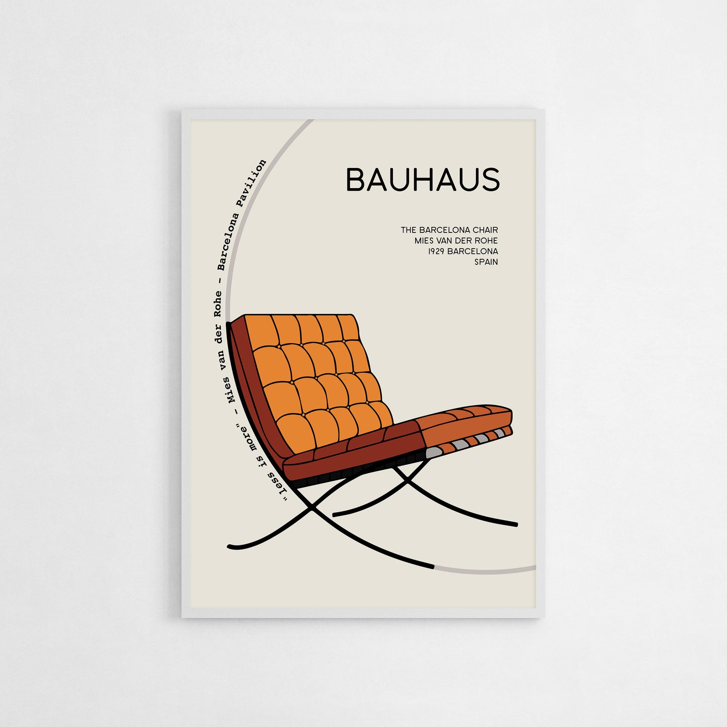 Bauhaus print featuring the iconic Barcelona Chair by Mies van der Rohe, 1929, with minimalist design and modernist style, ideal for home or office decor.