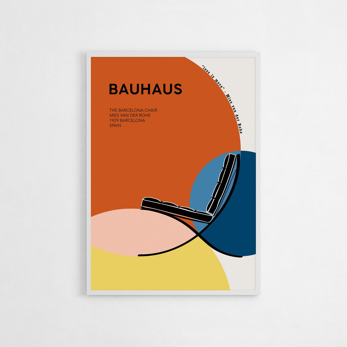 A Bauhaus poster featuring the Barcelona Chair by Mies van der Rohe, designed with geometric shapes in warm orange, blue, and yellow tones. This modernist art print adds a touch of elegance to minimalist, mid-century modern, or Bauhaus interiors. Perfect for living rooms, bedrooms, and office spaces, and makes a stylish gift for design enthusiasts.