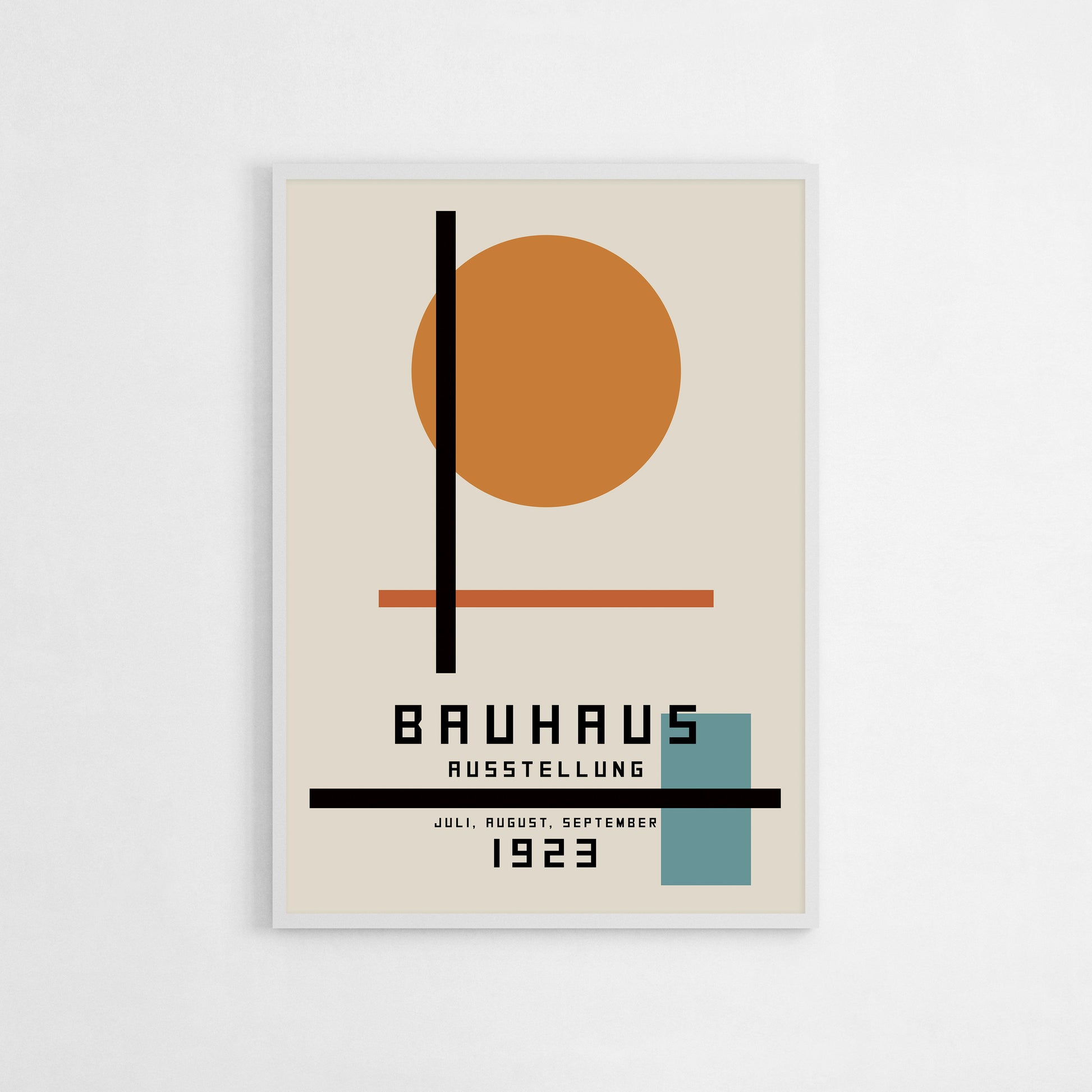 Bauhaus Ausstellung 1923 art print featuring a minimalist geometric design with bold lines and shapes in earthy tones. Ideal for modern decor, creative studios, or contemporary interiors. Perfect for adding a touch of Bauhaus style to living rooms or workspaces.