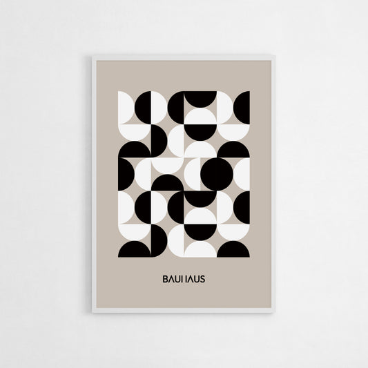 Monochromatic Bauhaus-inspired art print featuring black and white geometric shapes. Ideal for minimalist and modern interiors, adding a bold, structured aesthetic to any space.