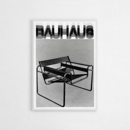 Monochrome art poster featuring the iconic Wassily Chair designed by Marcel Breuer, depicted in a Bauhaus style with bold, minimalist lines and halftone detailing.