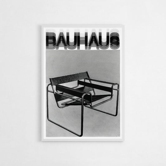 Monochrome art poster featuring the iconic Wassily Chair designed by Marcel Breuer, depicted in a Bauhaus style with bold, minimalist lines and halftone detailing.