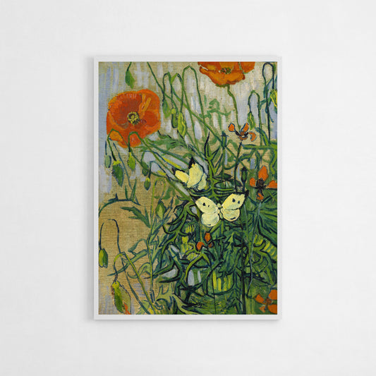 Art print of Butterflies and Poppies by Vincent van Gogh, featuring yellow butterflies and vibrant poppies. This piece brings a refreshing natural element to any room, perfect for lovers of botanical art and Van Gogh’s iconic style.