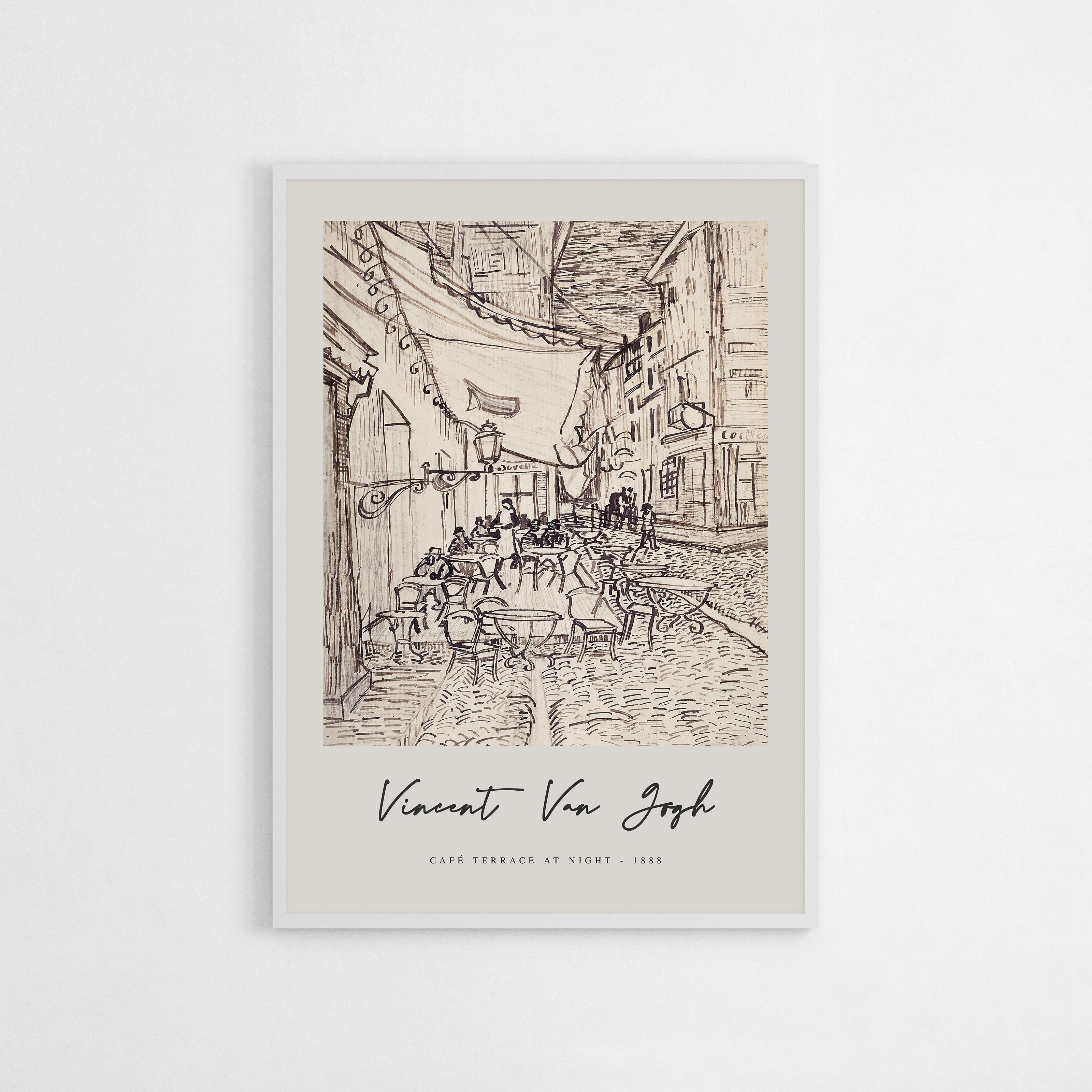 Art print of Café Terrace at Night by Vincent van Gogh, depicting a European café under the night sky with lively patrons. Ideal for classic decor, this piece adds a historical and artistic touch, perfect for art enthusiasts or as a refined gift.