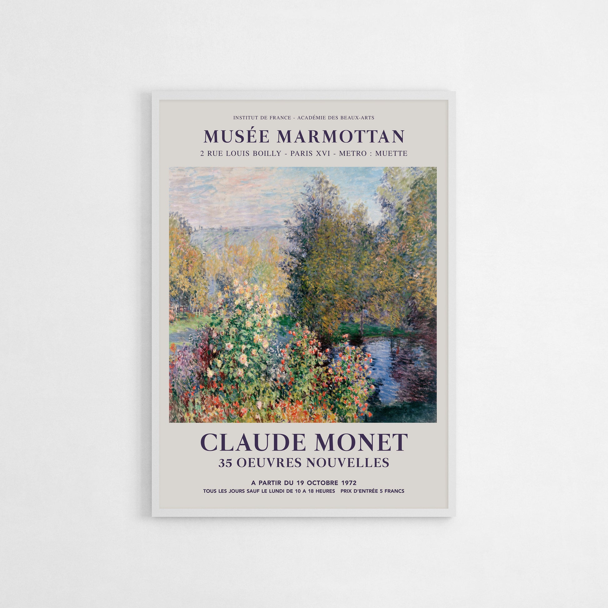 Vintage-inspired poster of Claude Monet’s “A Corner in the Garden at Montgeron” (1876) for a Musée Marmottan exhibition. Combines Impressionist art with retro exhibition style, ideal for adding elegance to interiors