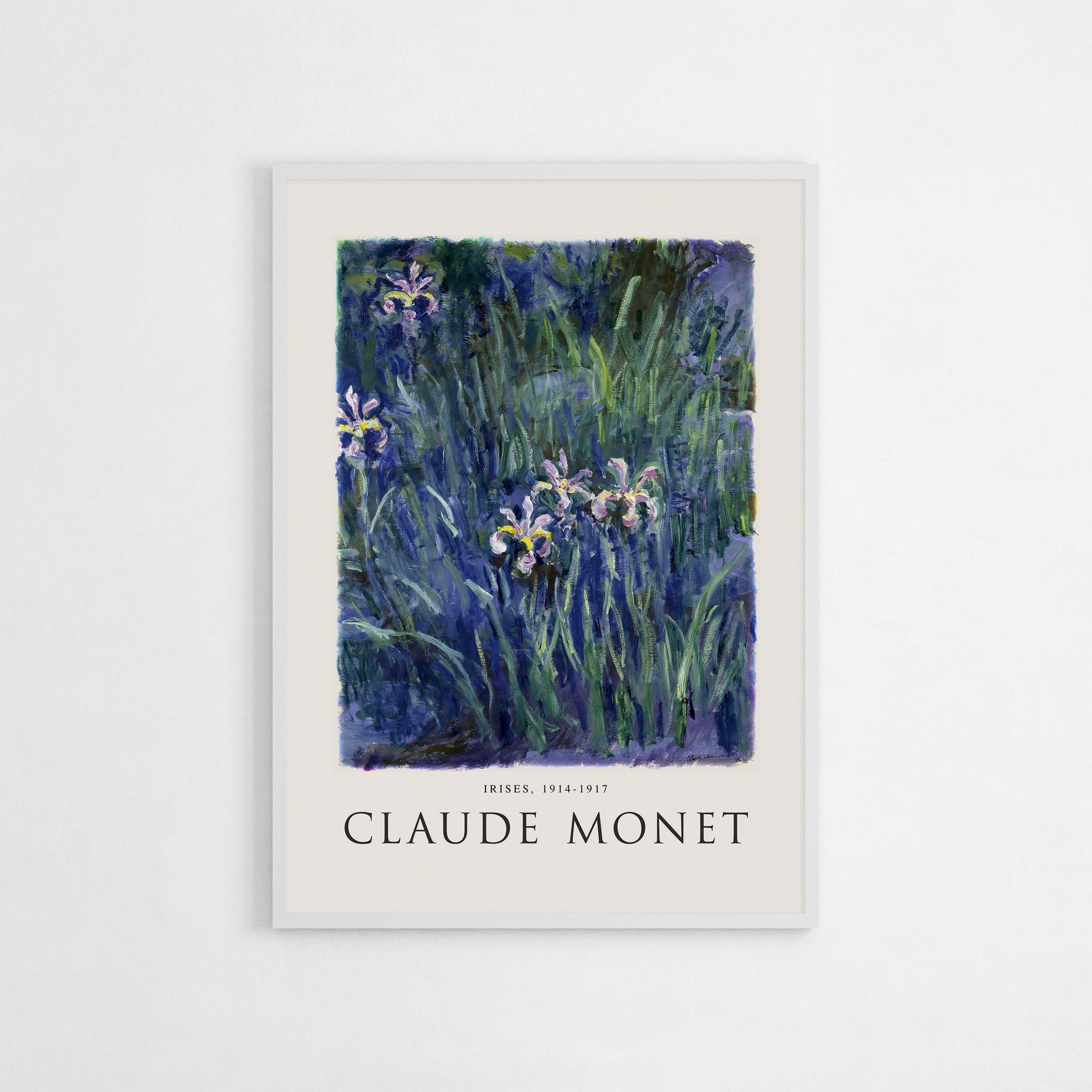 Impressionist art print of Claude Monet’s Irises, depicting vibrant purple irises among lush green foliage with soft brush strokes and light interplay. Perfect for adding a classic touch to modern decor.