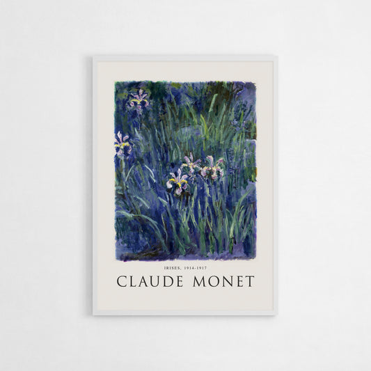 Impressionist art print of Claude Monet’s Irises, depicting vibrant purple irises among lush green foliage with soft brush strokes and light interplay. Perfect for adding a classic touch to modern decor.