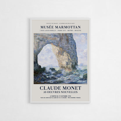 Exhibition poster of Claude Monet’s The Manneport, Rock Arch West of Etretat (1883), depicting the stunning coastal arch in Impressionist style with dynamic waves. A beautiful art print gift for lovers of Monet and coastal landscapes.