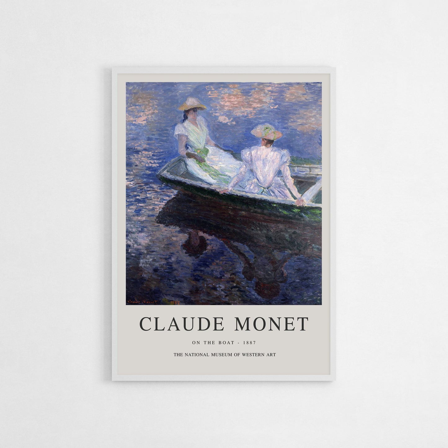 Exhibition poster of Claude Monet’s On the Boat, showcasing two women seated on a boat with serene water reflections, a classic impressionist artwork ideal for wall decor and as a refined gift for art lovers