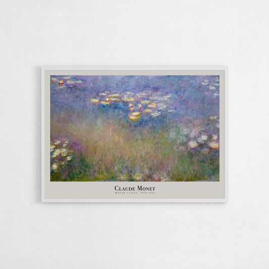 Art print of Claude Monet’s Water Lilies (1915-1916), featuring a dreamy, impressionist depiction of a pond with delicate water lilies floating on the surface, surrounded by soft hues of purple, blue, and green.