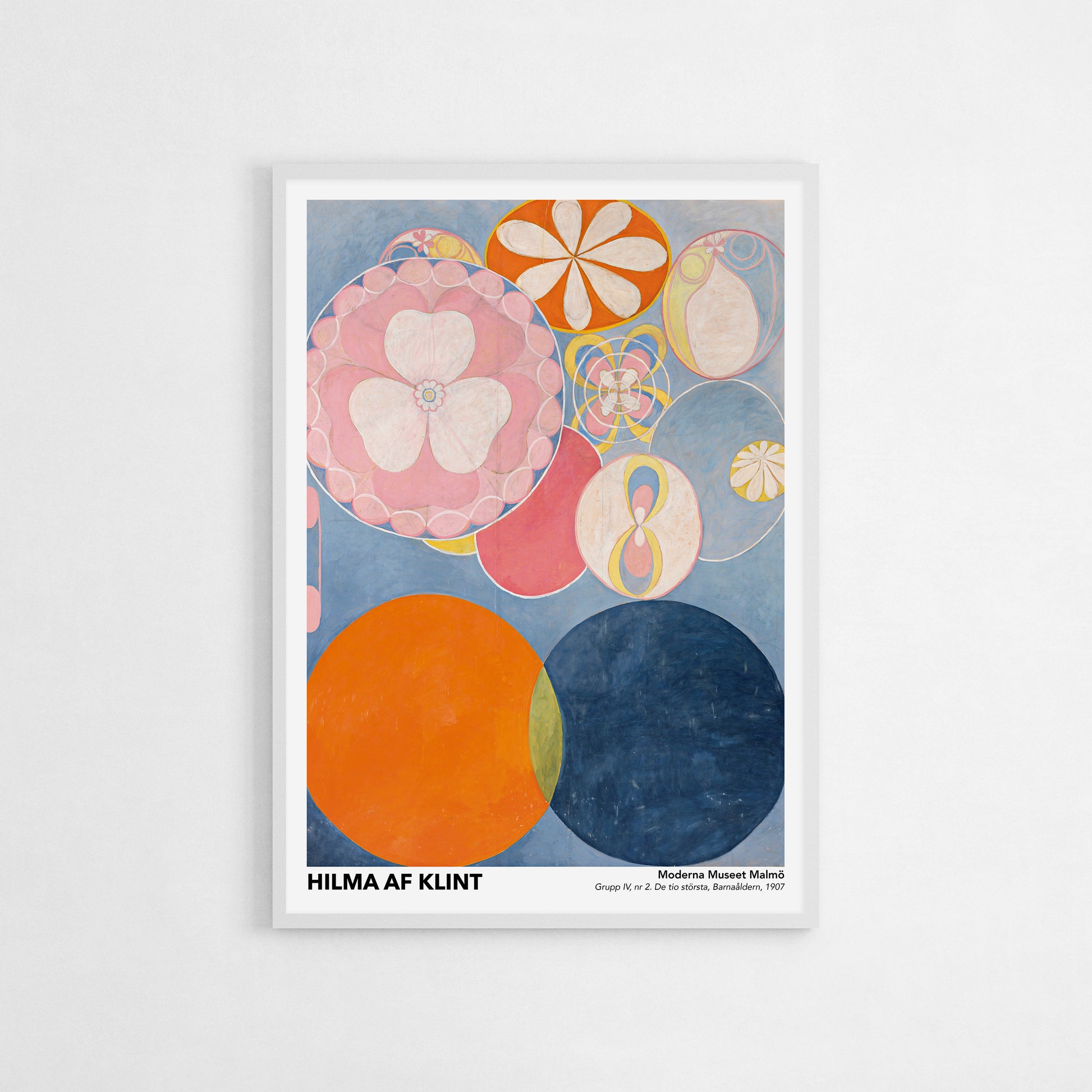 Exhibition poster of Hilma af Klint’s “The Ten Largest No. 2: Childhood,” featuring large, vivid circular patterns and symbolic elements in a modern abstract composition.