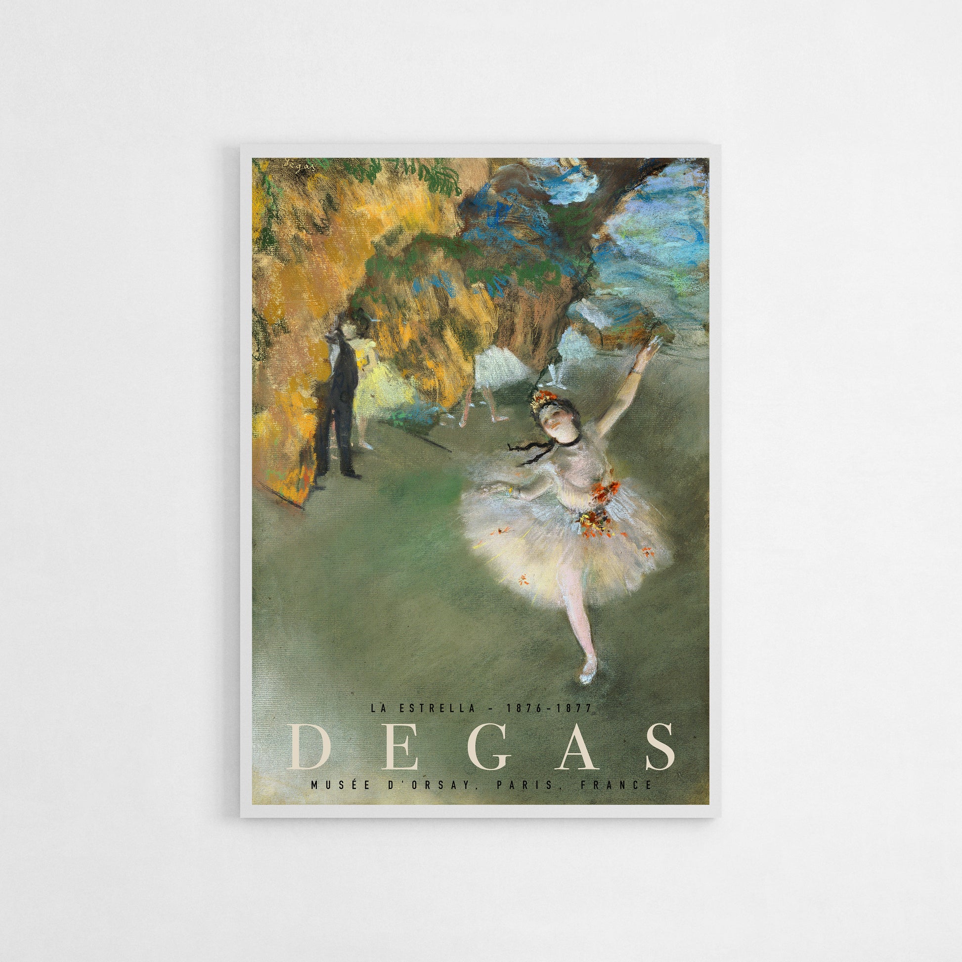 Art poster of Degas’ “La Estrella,” showcasing a ballet dancer in a graceful pose with vivid pastel colors, ideal for lovers of fine art and dance.