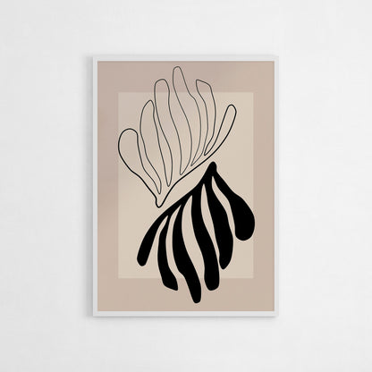 Minimalist abstract line art print inspired by Matisse, featuring organic black shapes against a beige background, perfect for modern decor and as a stylish gift.