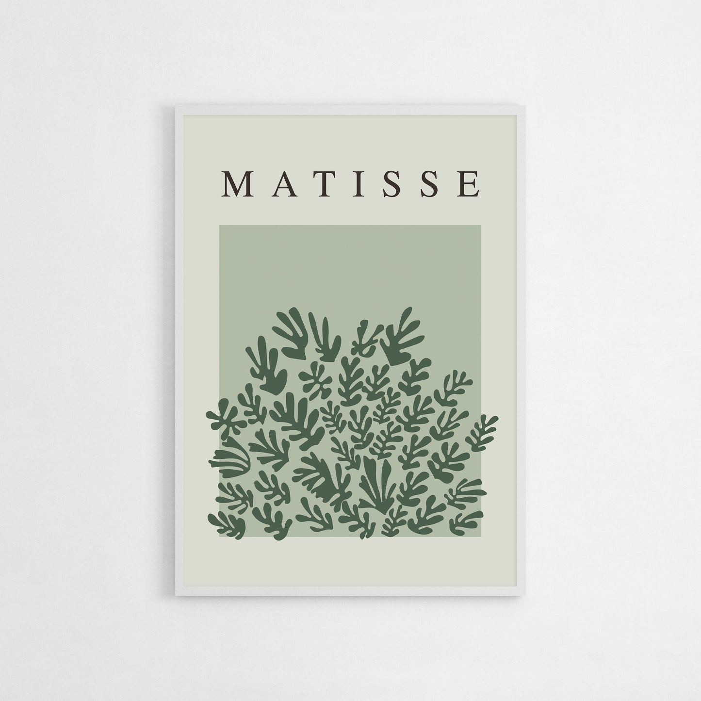 Art print of La Gerbe by Henri Matisse, featuring leafy, abstract shapes in calming green tones. Perfect for minimalist interiors or as a sophisticated addition to a modern space, bringing natural elegance and artistic flair.