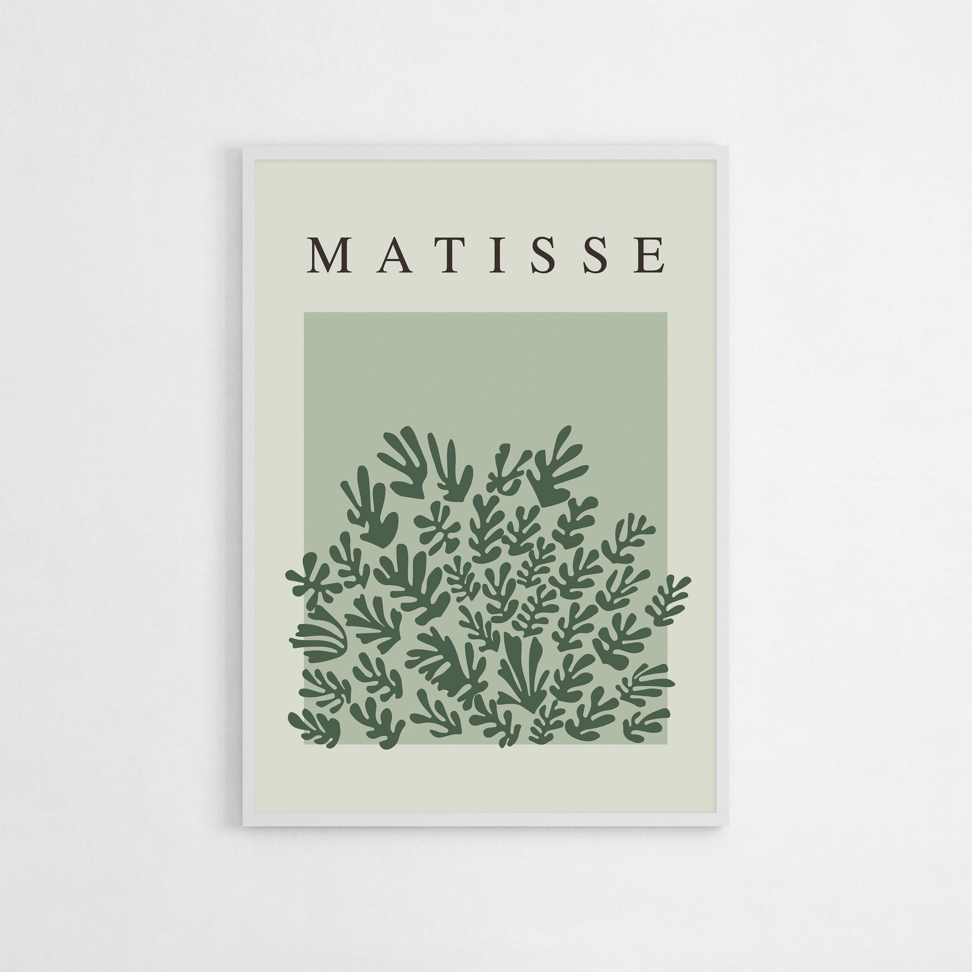 Art print of La Gerbe by Henri Matisse, featuring leafy, abstract shapes in calming green tones. Perfect for minimalist interiors or as a sophisticated addition to a modern space, bringing natural elegance and artistic flair.