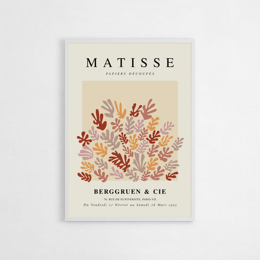 Art print of La Gerbe by Henri Matisse, featuring organic, earthy-toned leaf-like shapes in shades of red, orange, and mauve. Ideal for warm, modern interiors, bringing natural elegance and a lively artistic touch. Perfect for home decor or as a unique art gift.