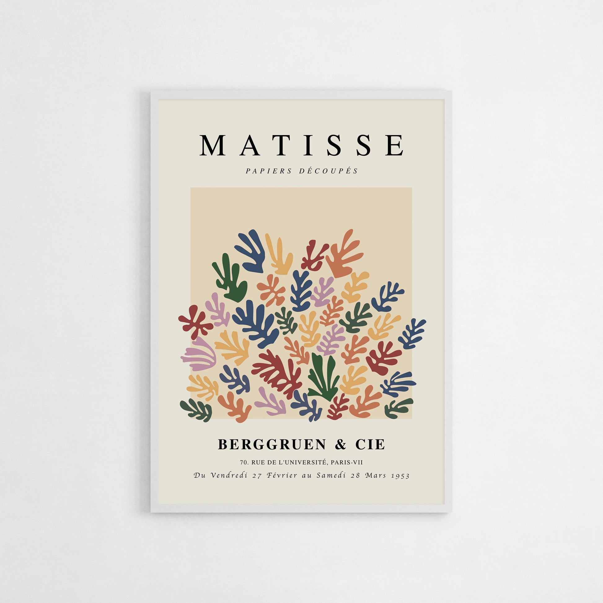 Art print of Papiers Découpés by Henri Matisse, featuring colorful abstract shapes inspired by leaves, set against a light background. Ideal for adding a pop of color and playful style to any modern interior, perfect for home decor or as a unique artistic gift.