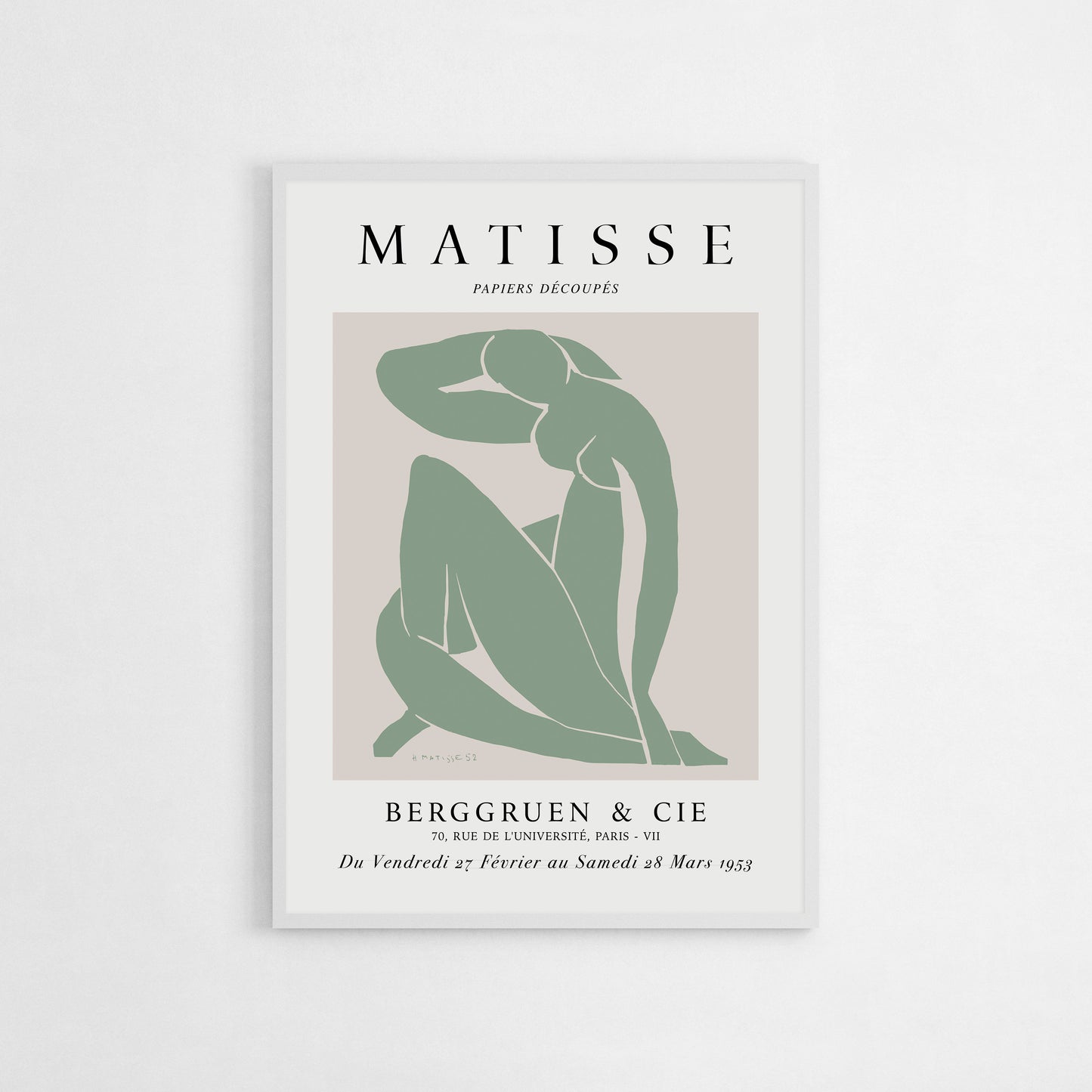 A sage green adaptation of Henri Matisse’s iconic Blue Nude, featuring a minimalist cut-out figure in a seated pose.