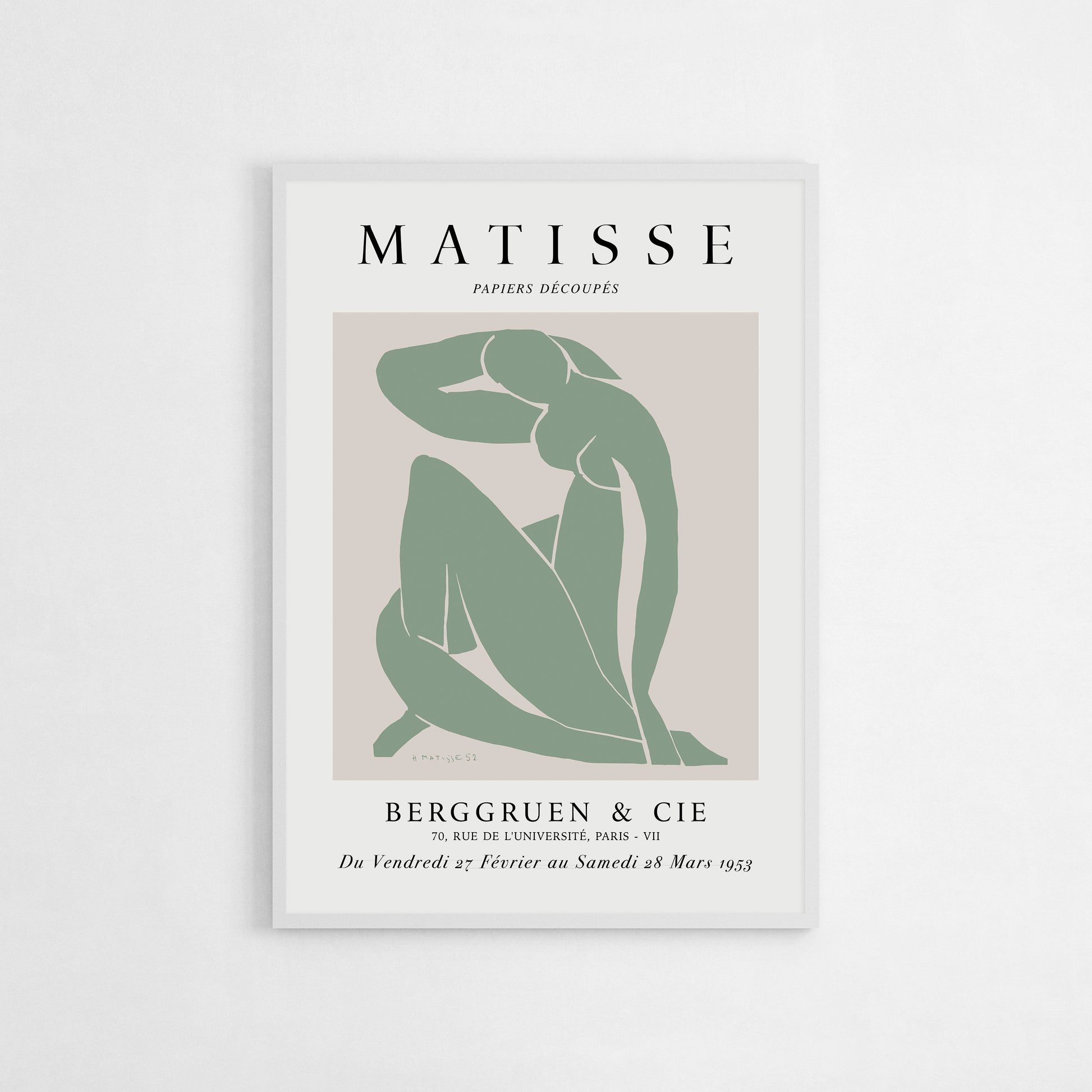 A sage green adaptation of Henri Matisse’s iconic Blue Nude, featuring a minimalist cut-out figure in a seated pose.