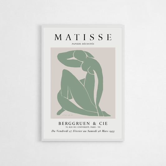 A sage green adaptation of Henri Matisse’s iconic Blue Nude, featuring a minimalist cut-out figure in a seated pose.