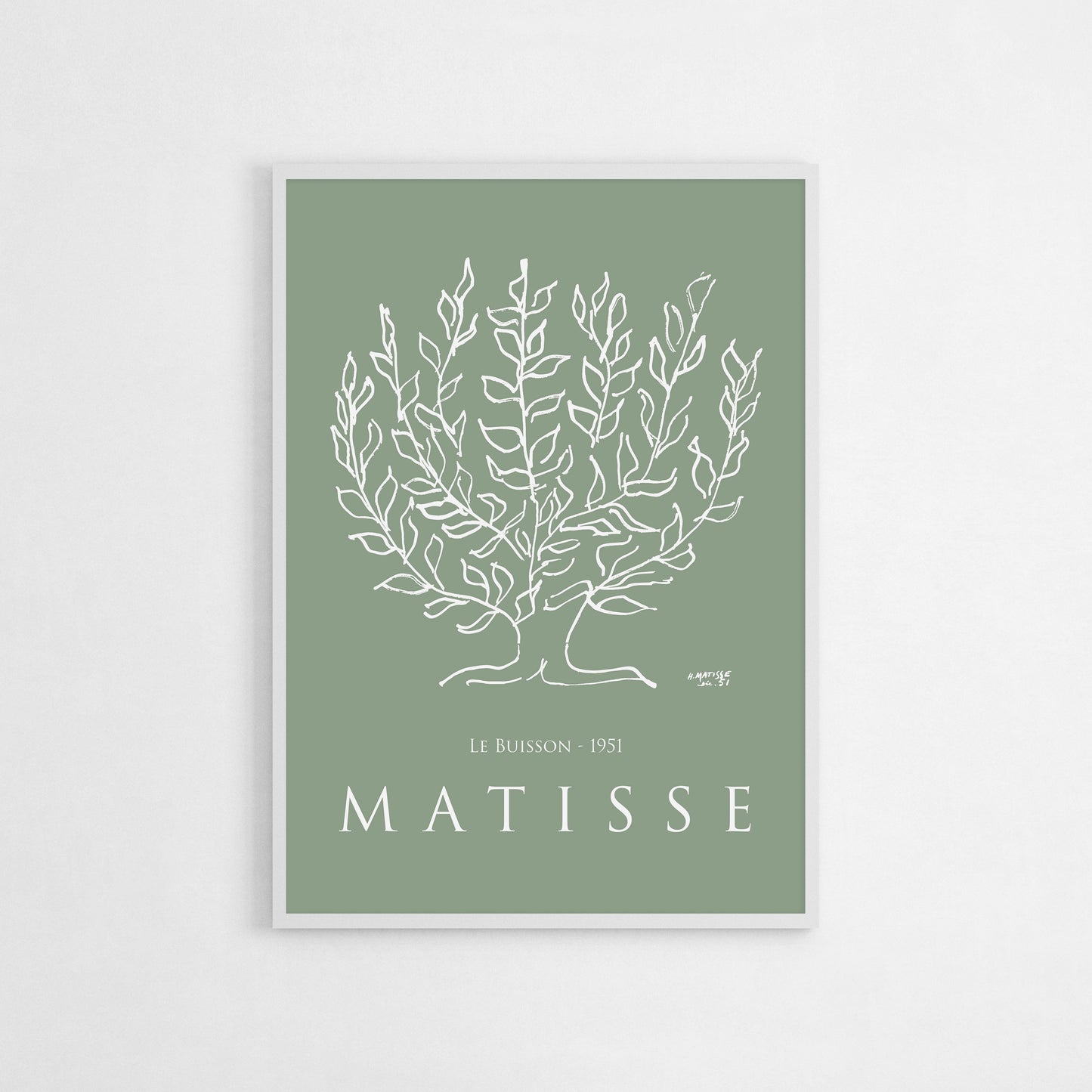 Art poster of Henri Matisse's "Le Buisson" (1951), featuring a delicate white botanical line drawing on a muted green background, embodying simplicity and natural elegance.