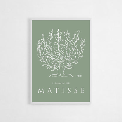 Art poster of Henri Matisse's "Le Buisson" (1951), featuring a delicate white botanical line drawing on a muted green background, embodying simplicity and natural elegance.