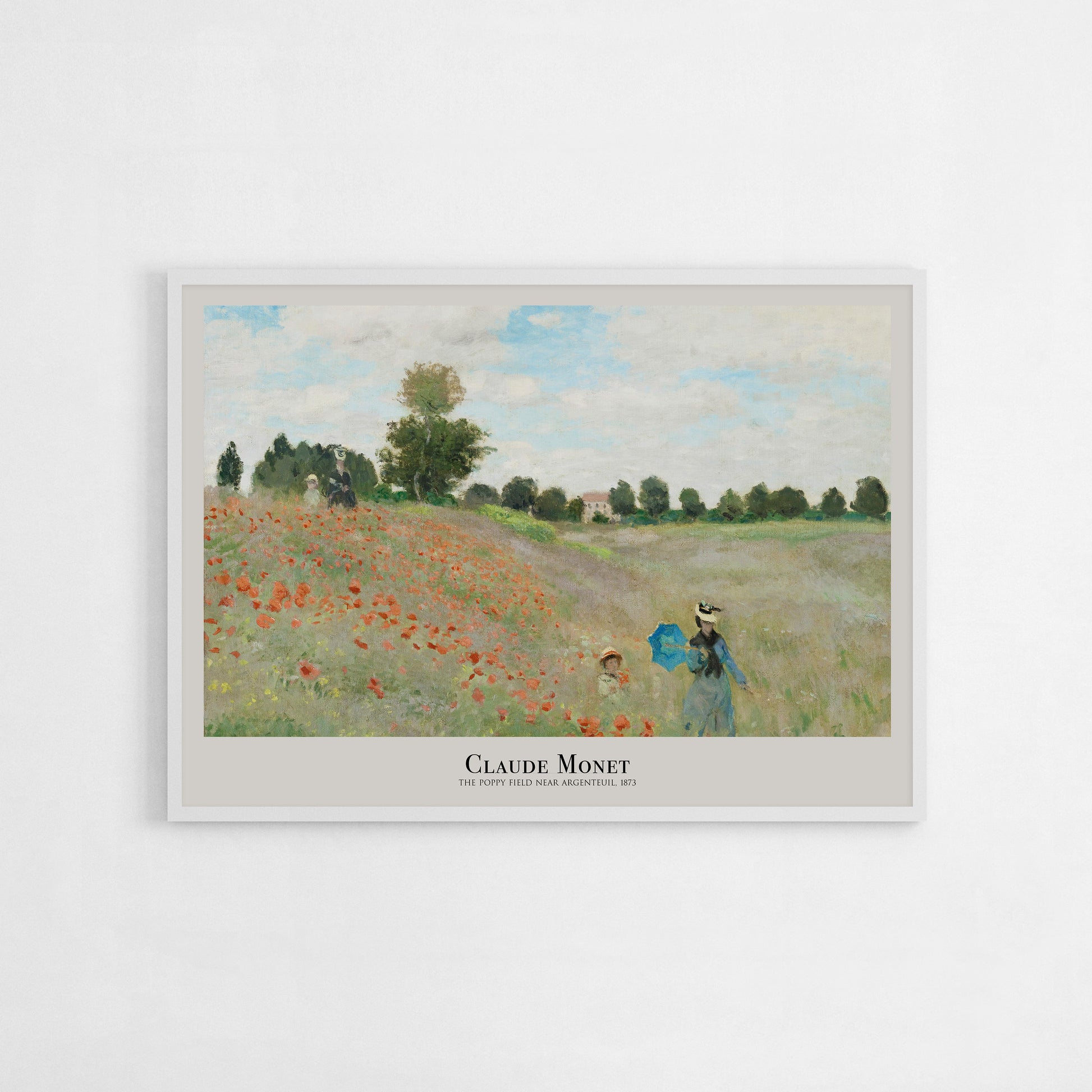 Art print of Claude Monet’s “The Poppy Field Near Argenteuil” (1873) featuring a scenic field dotted with red poppies and figures walking under a cloudy sky.