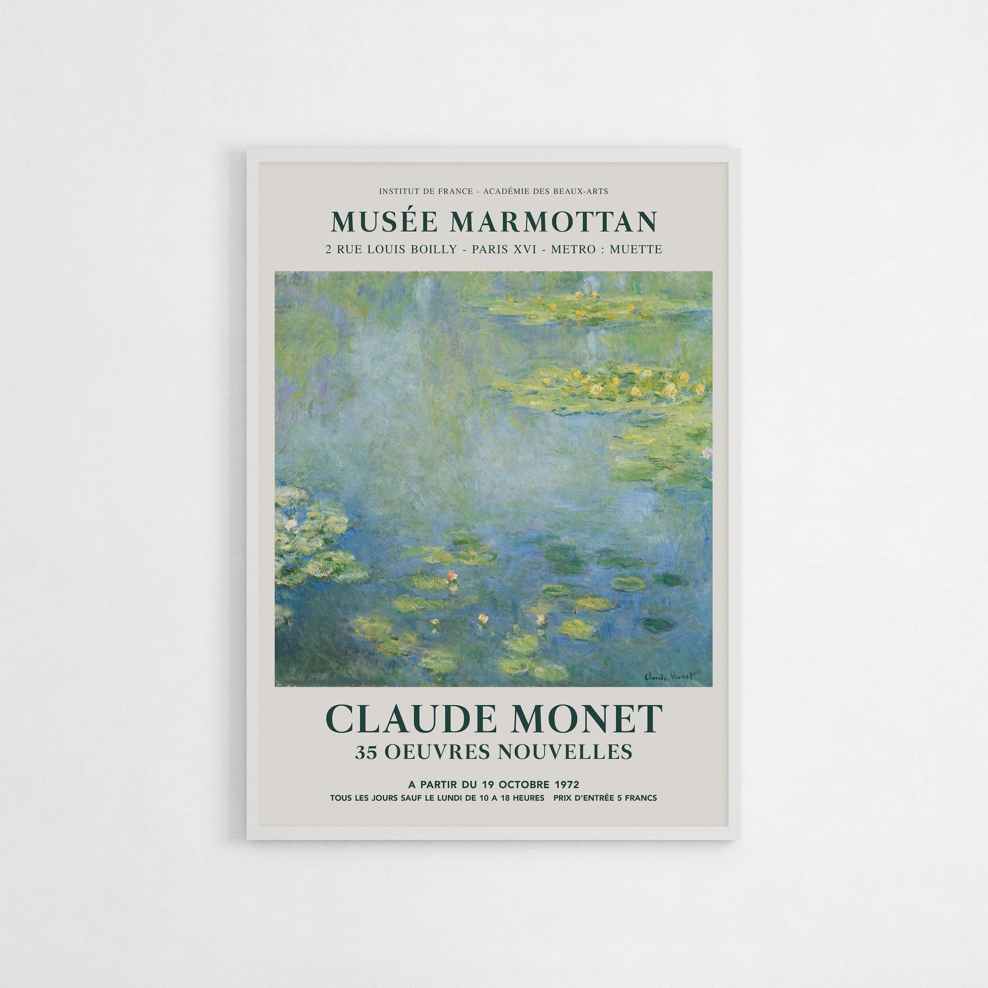 Claude Monet Water Lilies exhibition poster from the Musée Marmottan, depicting a soft, impressionist-style scene of water lilies on a calm pond, ideal for classic art enthusiasts and sophisticated home decoration.