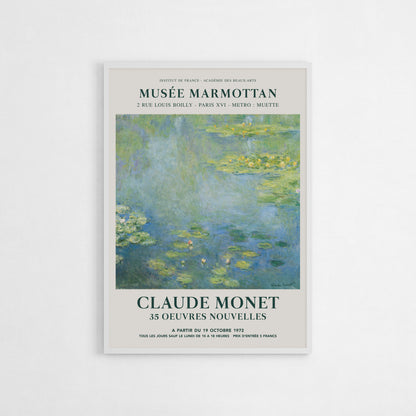 Claude Monet Water Lilies exhibition poster from the Musée Marmottan, depicting a soft, impressionist-style scene of water lilies on a calm pond, ideal for classic art enthusiasts and sophisticated home decoration.