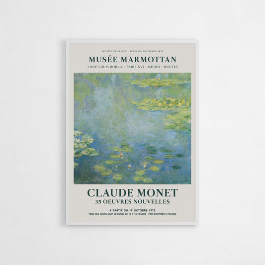 Claude Monet Water Lilies exhibition poster from the Musée Marmottan, depicting a soft, impressionist-style scene of water lilies on a calm pond, ideal for classic art enthusiasts and sophisticated home decoration.