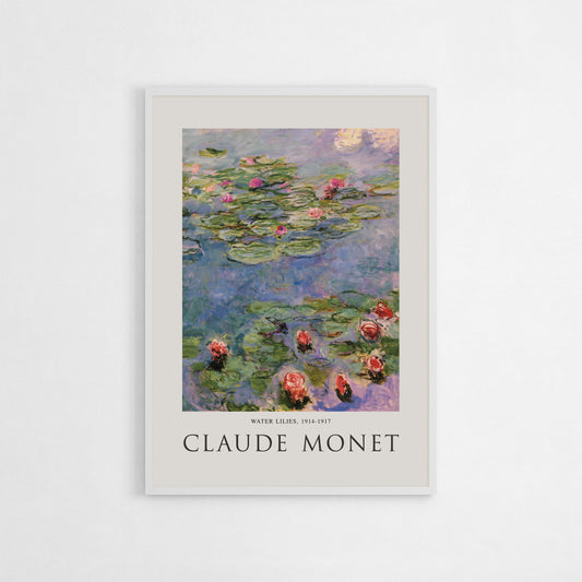 Claude Monet’s Water Lilies art print, showcasing vibrant, impressionist-style water lilies and serene reflections on water, capturing the artist’s iconic depiction of nature and light.