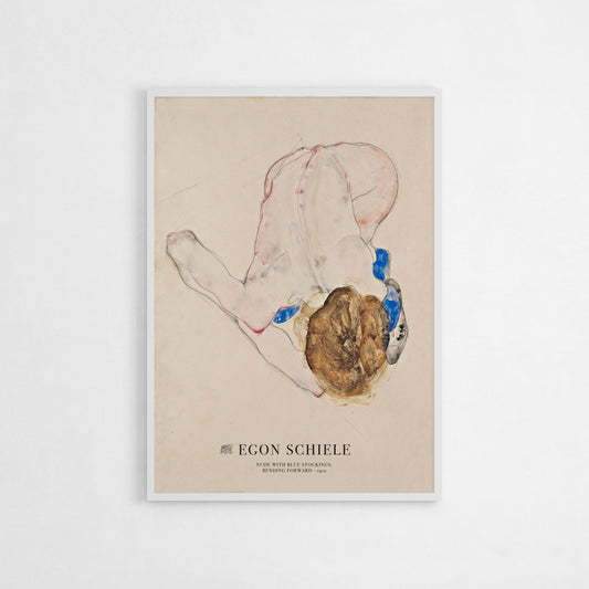 Art print of Egon Schiele’s Nude with Blue Stockings, Bending Forward, highlighting Schiele’s modernist approach to the human figure with expressive lines and a unique composition, ideal for admirers of modern figurative art.