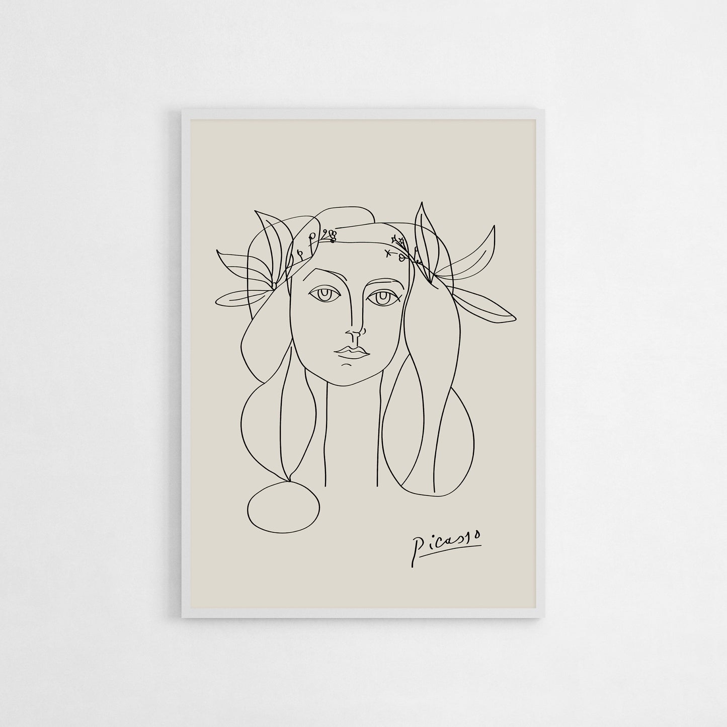 Line art poster of a feminine portrait by Picasso, featuring a minimalist sketch with continuous flowing lines and a neutral background.