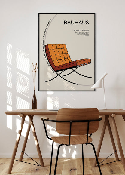 Bauhaus print featuring the iconic Barcelona Chair by Mies van der Rohe, 1929, with minimalist design and modernist style, ideal for home or office decor.