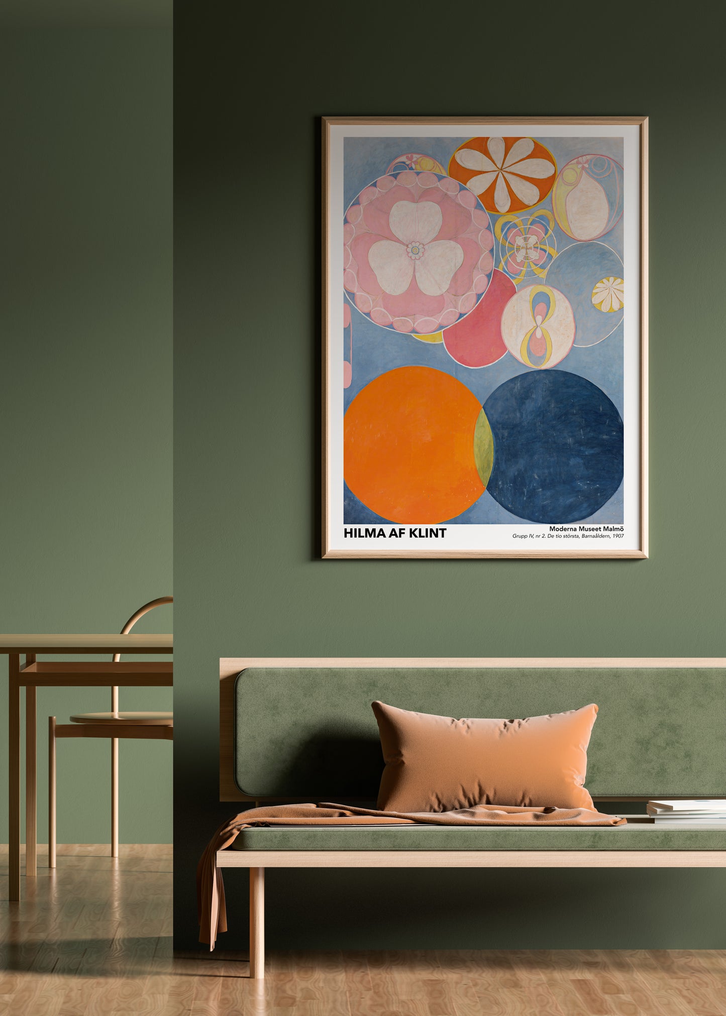 Exhibition poster of Hilma af Klint’s “The Ten Largest No. 2: Childhood,” featuring large, vivid circular patterns and symbolic elements in a modern abstract composition.