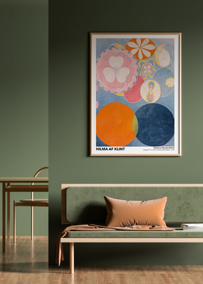 Exhibition poster of Hilma af Klint’s “The Ten Largest No. 2: Childhood,” featuring large, vivid circular patterns and symbolic elements in a modern abstract composition.