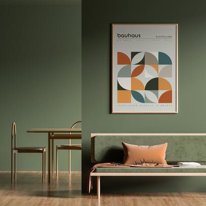 Bauhaus 1923 abstract geometric art print in muted tones of orange, green, and cream, featuring bold shapes. This minimalist design suits modern, mid-century, and Scandinavian interiors, making it perfect for living rooms, home offices, or bedrooms. An elegant housewarming or birthday gift for art lovers.