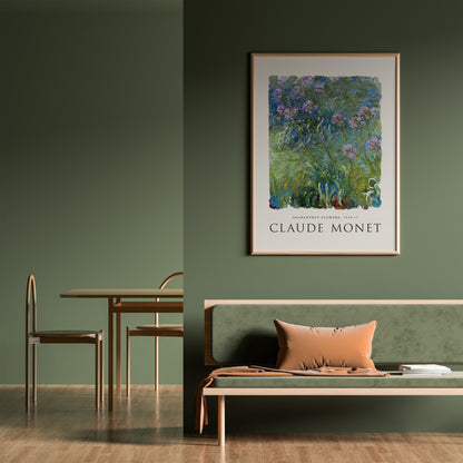 Claude Monet Agapanthus Flowers art poster, featuring soft greens, purples, and blues, museum-quality giclée print for home decor.