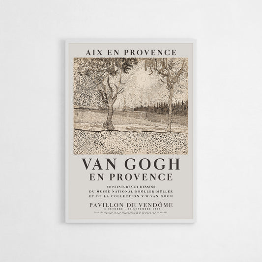 Vintage-style monochrome exhibition poster of Vincent Van Gogh’s landscape sketch, capturing the serene beauty of Provence with intricate dot and line work.