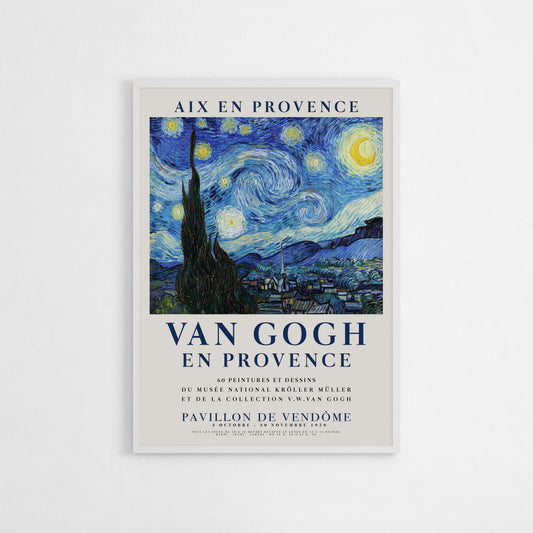 Van Gogh “The Starry Night” exhibition poster with a Provence-themed design, featuring the iconic swirling blue sky and glowing stars.