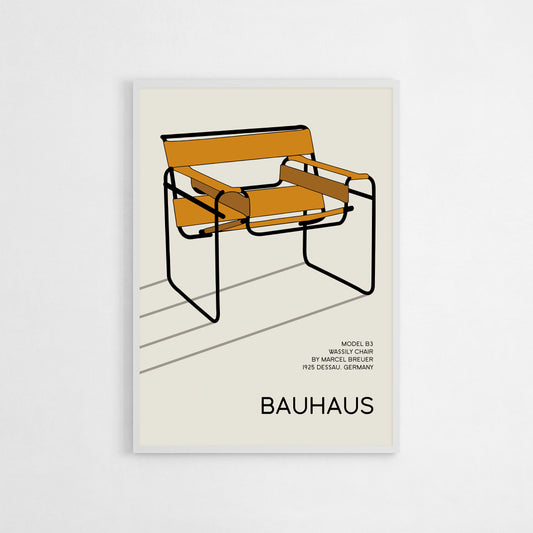 Minimalist art print of the Wassily Chair, Model B3, designed by Marcel Breuer in 1925. Featuring tubular steel and leather accents, ideal for modern interiors or as a thoughtful gift for design aficionados.