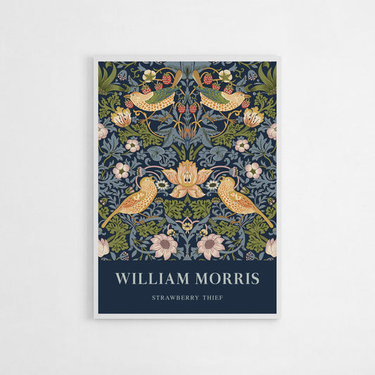 William Morris “Strawberry Thief” art print, featuring birds amidst foliage and strawberries, showcasing intricate, nature-inspired patterns typical of the Arts and Crafts movement.